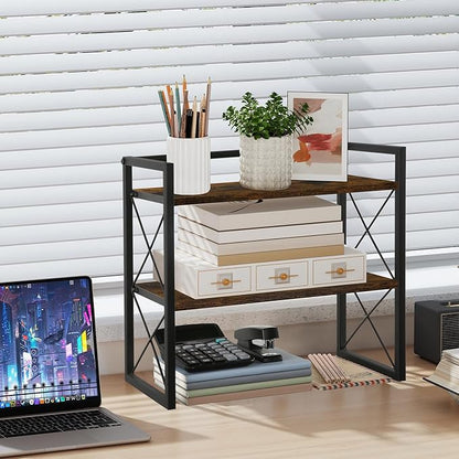 YINMIT Desktop Shelf Organizer, 2 Tier Office Shelves, Wood Desk Organizer Storage Rack and Freestanding Display Shelf for Office, Dormitory, Home