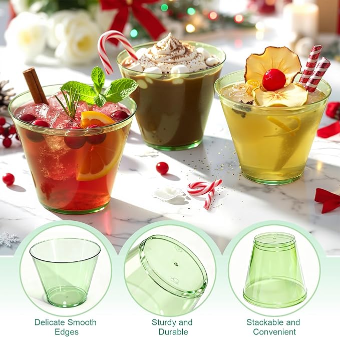 150 Pack Plastic Cups 9 oz Green Clear Plastic Cups for Cocktail Fancy Disposable Cup for Party Stemless Wine Glasses for Wedding Thanksgiving Christmas Party Graduation
