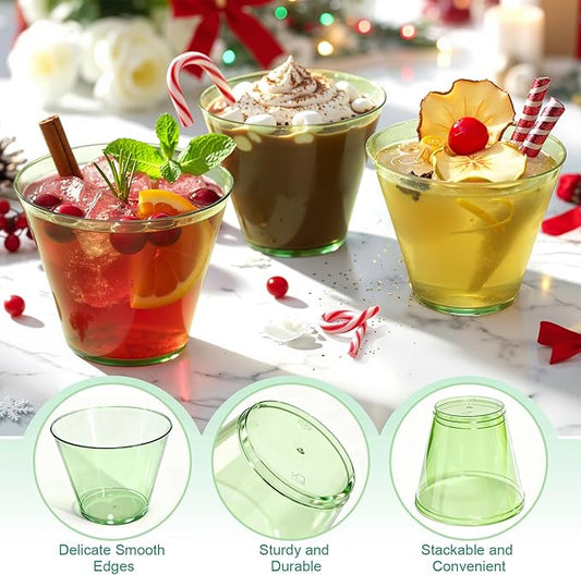 150 Pack Plastic Cups 9 oz Green Clear Plastic Cups for Cocktail Fancy Disposable Cup for Party Stemless Wine Glasses for Wedding Thanksgiving Christmas Party Graduation