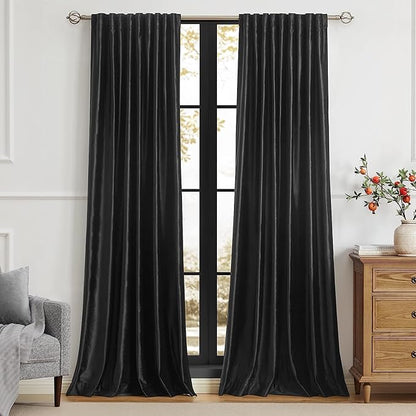 PRIMROSE Black Curtains 72 inch for Living Room Velvet Drapes Blackout Rod Pocket Back Tab Window Treatment Semi Room Darkening Decor Curtains for Bedroom Set of 2 Panels