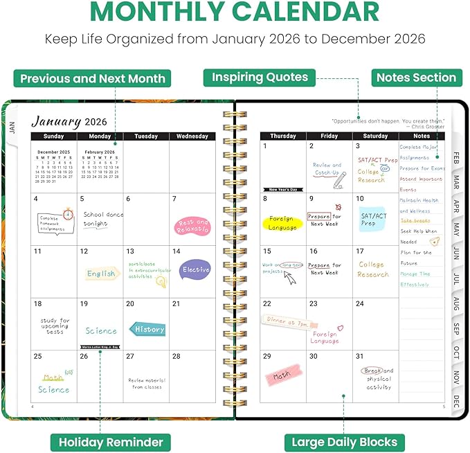 2026 Planner, Weekly and Monthly Planner for Women, Jan 2026 - Dec 2026 Pretty 2026 Calendar Planner with Monthly Tabs, Inner Pocket, Spiral Binding, Perfect for Office Home School - 6.3" x 8.5", Jungle Elephant