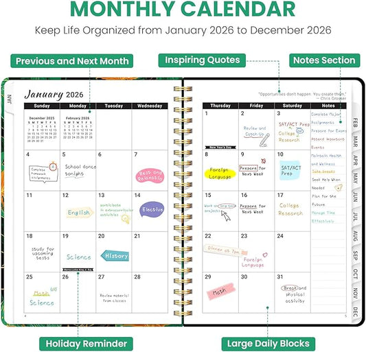 2026 Planner, Weekly and Monthly Planner for Women, Jan 2026 - Dec 2026 Pretty 2026 Calendar Planner with Monthly Tabs, Inner Pocket, Spiral Binding, Perfect for Office Home School - 6.3" x 8.5", Jungle Elephant
