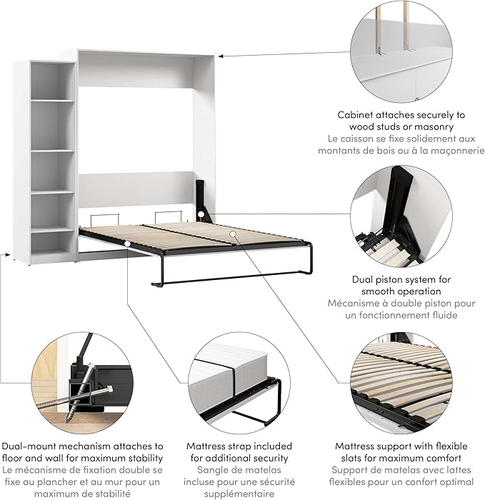 Bestar Claremont Queen Murphy Bed with Closet Organizer (85W) in White, Space-Saving Sleeping Arrangement for Multipurpose Room
