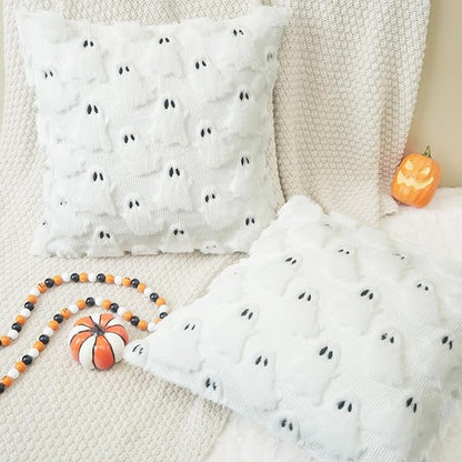 GEEORY Halloween Ghost Soft Plush Pillow Covers, 18 x 18 Inch Set of 2, Fluffy Faux Fur Wool Decorative Farmhouse Cushion Case for Sofa Home Decoration White GC026-18