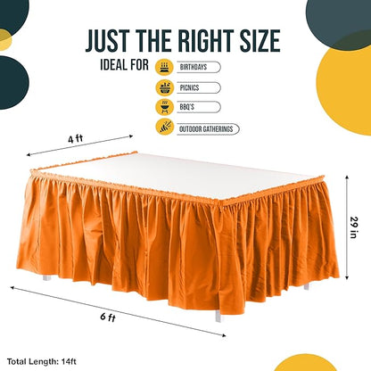 Exquisite Ruffle Table Skirt Orange 12 Pack 14 Ft Long Table Skirts for Rectangle Tables 6ft Plus or Round Tables Skirts with Adhesive Strip for Gender Reveal Decor & Happy Birthday Parties