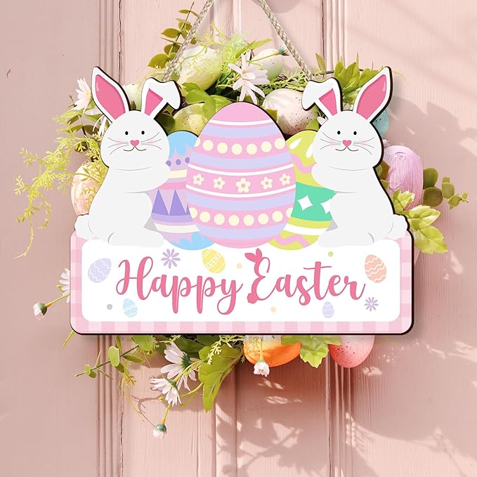 Kercan Easter Wood Decor Sign - Vintage Easter Egg Bunny Wooden Hanging Door Sign Welcome Printed Wood Wall Art Decorative Sign Hanging Rustic Farmhouse Decoration Retro Hello Spring Porch Plaques