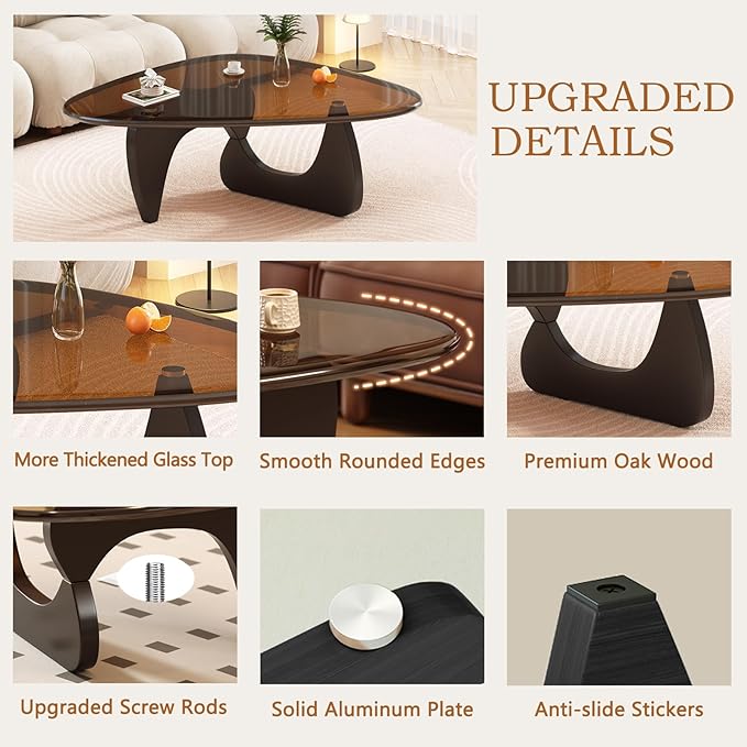 Coffee Table for Living Room Mid Century Modern Center Small Table with Glass Top and Wood, Black Brown(32 Inch)