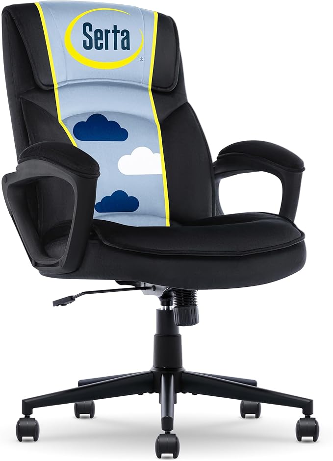 Serta Comfort Classic Executive Office Chair, Ergonomic Mid-Back Computer DeskChair with Lumbar Support, Semi-Plush Cushion and Body Pillows, Padded Armrests, Swivel Base, Black Velvet Fabric