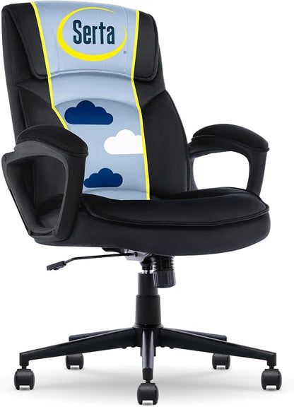 Serta Comfort Classic Executive Office Chair, Ergonomic Mid-Back Computer DeskChair with Lumbar Support, Semi-Plush Cushion and Body Pillows, Padded Armrests, Swivel Base, Black Velvet Fabric