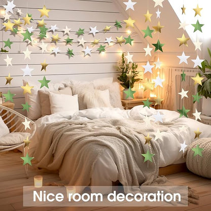 Patelai Glitter Star Garland Banner Christmas Decor 130 Feet Star Hanging Bunting Banner Twinkle Backdrop for Homecoming Classroom Wedding Birthday Halloween Party Supplies(Sage Green, Gold, White)
