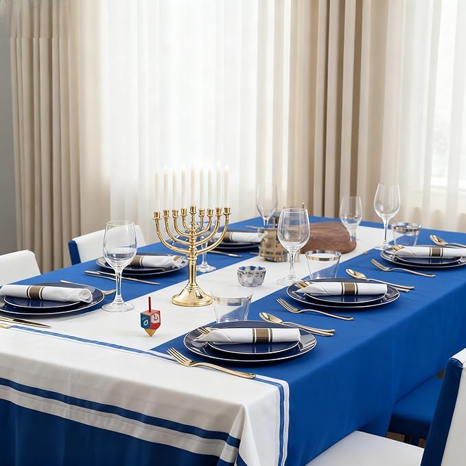 KIRE 350Pcs Blue and Gold Plates -Heavy Duty Navy Blue Dinnerware Set - 100 Plastic Plates 50 Pre Rolled Napkins with Gold Plastic Silverware 50 Cups for Upscale Hanukkah/Birthday/Wedding/Parties