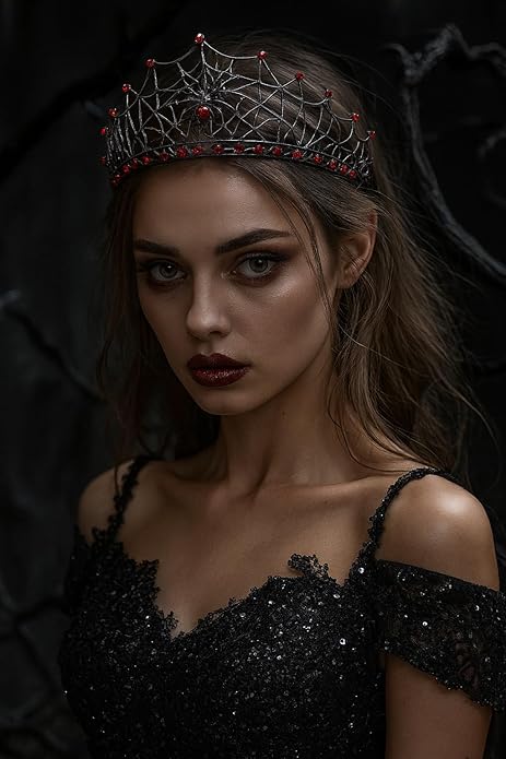 Gothic Black Spider Web Crown for Women Dark Queen Crystal Tiara Metal Headpiece Vampire Cosplay Masquerade Party Prom Night Witch Sorceress Costume Accessory