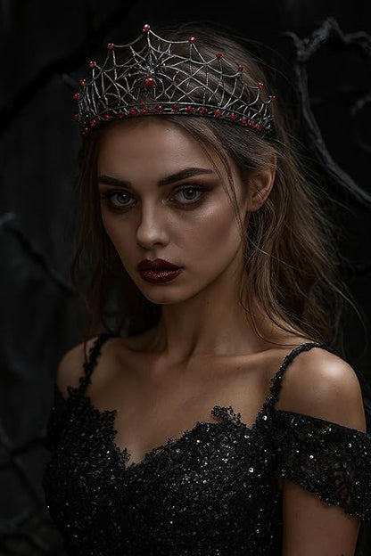 Gothic Black Spider Web Crown for Women Dark Queen Crystal Tiara Metal Headpiece Vampire Cosplay Masquerade Party Prom Night Witch Sorceress Costume Accessory