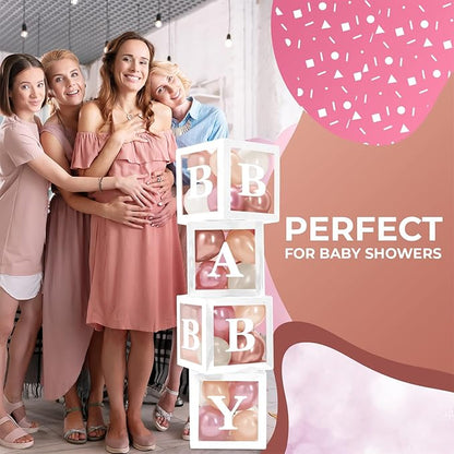 Baby Shower Boxes with Letters – White Boxes with Rose Gold, Dusty Pink, Sand & White Balloons – 44-Piece Gender Reveal & Party Decoration Set by Vellax