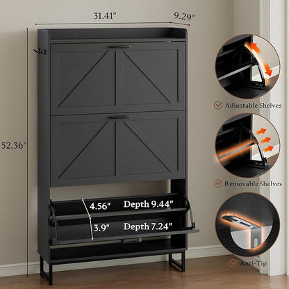 Shoe Cabinet with 3 Flip Drawers Narrow Shoe Storage Cabinet Organizer Wooden Freestanding Shoe Rack Hidden Slim Shoes Storage Cabinet for Entryway, Hallway, Living Room, Bedroom