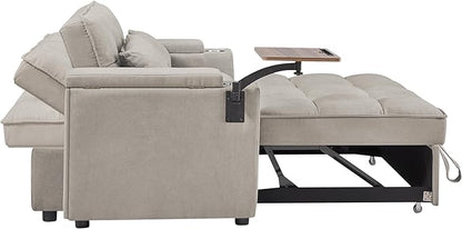 65" Cloud Couch Sleeper Sofa Bed with USB Charging Port & Side Pocket, Chenille Fabric Pull-Out Sofa with Thick Cushions, High Resilience Foam & Pillows for Living Room, Apartment, Small Spaces