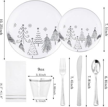 Liacere 175PCS - Silver Christmas tree Plastic Plates-Christmas and Napkins Sets Include 50 Plastic Plates,75 Silver Silverware，25 Cups 25 Napkins