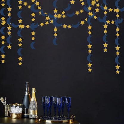 Navy-Blue Gold Moon-Star Party-Decorations Garland - 52Ft Twinkle Little Star Hanging Decoration Streamers Banner, Eid Ramadan Mubarak Decoration Birthday Wedding Baby Shower Party Decor Panduola