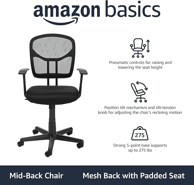 Amazon Basics Breathable Mesh Mid-Back Office Desk Chair with Armrests, Lumbar Support, 360-Degree Swivel, Adjustable-Height, Black