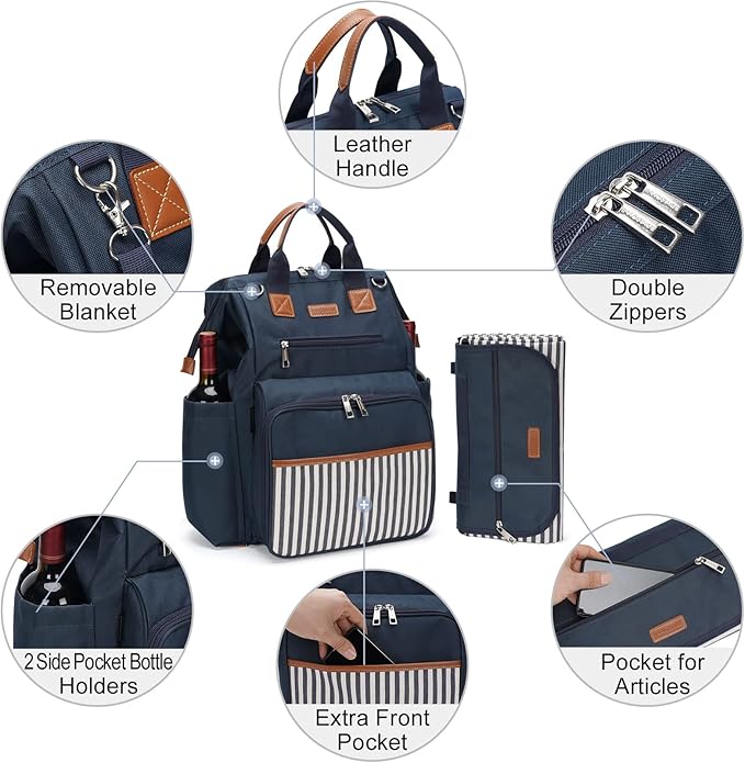HappyPicnic Picnic Backpack Bag for 4, Wide Open with Large Capacity Insulated Cooler Compartment,9" Plates,Wooden Handle Cutlery and Waterproof Blanket Best Gift - Navy Blue