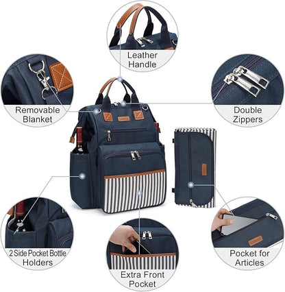 HappyPicnic Picnic Backpack Bag for 4, Wide Open with Large Capacity Insulated Cooler Compartment,9" Plates,Wooden Handle Cutlery and Waterproof Blanket Best Gift - Navy Blue