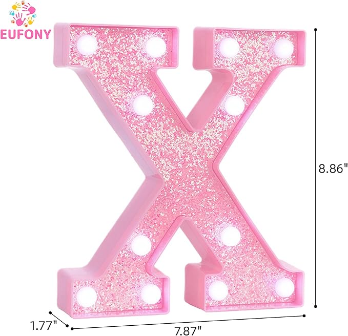 Pink LED Marquee Light Up Letters, Glitter Alphabet Letter Lights for Birthday Party Decorations, Battery Operated Letter Signs for Girls Room Table Decor, Pink letter X with Cool White Lights