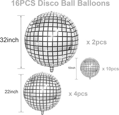16PCS Disco Ball Balloons, 32in 22in 10in Large 4D Metallic Silver Disco Balloons Foil Balloon for 70s 80s 90s Discos Party Birthday Baby Shower Graduation Party Decorations