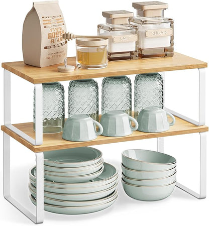SONGMICS Cabinet Organizer Shelf, Set of 2 Kitchen Counter Shelves, Kitchen Storage, Spice Rack, Stackable, Expandable, Metal and Engineered Wood, Cloud White and Natural Beige UKCS200W01