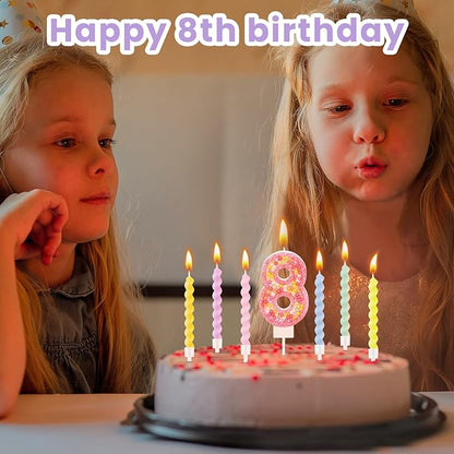MTLEE Number 8 Birthday Candle with 12 Pcs Spiral Candles for Girls Macaron Pastel Rainbow Unicorn Pink Cake Topper for Sweet Theme Party Decoration