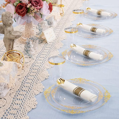 Hioasis 350pcs Clear and Gold Plastic Plates - Elegant Disposable Dinnerware Set Suitable for 50 Guests Include 10.25" Dinner & 7.5" Dessert Plates, Pre Rolled Silverware Set, Cups for Party & Wedding
