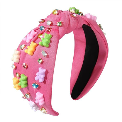 Knotted Headband for Women - Crystal Embellished Top Knot Hairband, Statement Wide Turban Hair Hoop, Funny Gifts for Girls, Sister Birthday, Holiday Party (Gummy Bear Knot-Rose Red)