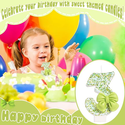 Birthday Candle for Cake, Green Bow Number Cake Candles, 2.76 inch Cake Topper Decoration for Birthday Party (Number 3)