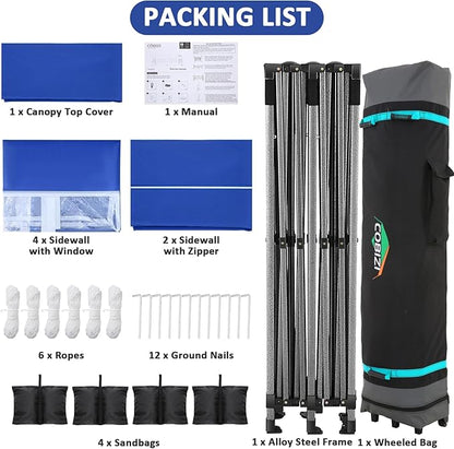 COBIZI 10x20 Pop Up Canopy with 6 Sidewall,Heavy Duty Canopy UPF 50+ All Season Wind Waterproof Commercial Outdoor Wedding Party Tents for Parties Gazebo with Roller Bag(10 x 20 ft Dark Blue)