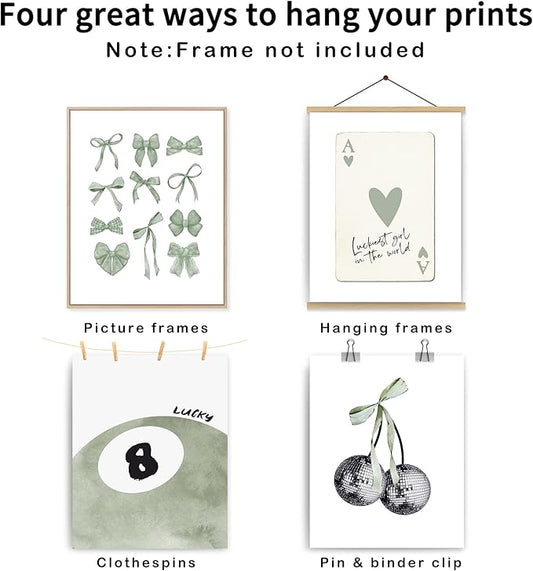 okaxscm Sage Green Coquette Trendy Preppy Wall Art Prints Set of 4, Coquette Preppy Room Decor Aesthetic, Green Bow Disco 8 Ball Cherry Wall Decor Posters for Girls Bedroom Dorm, 8x10 Unframed