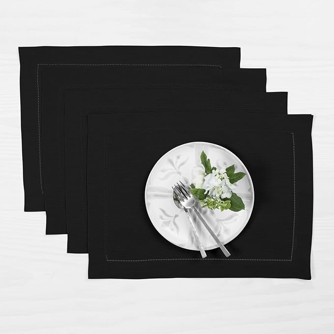 Solino Home Linen Placemats Set of 4 - Classic Hemstitch Black Placemats 14 x 19 Inch - 100% Pure Linen Table Mats for Fall, Autumn, Winter, Holiday, Christmas, New Year