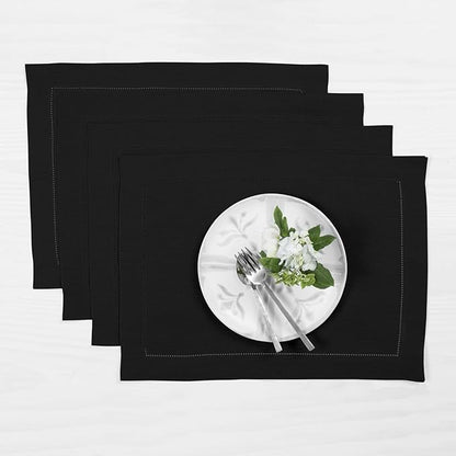 Solino Home Linen Placemats Set of 4 - Classic Hemstitch Black Placemats 14 x 19 Inch - 100% Pure Linen Table Mats for Fall, Autumn, Winter, Holiday, Christmas, New Year