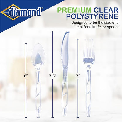 Diamond® Premium Clear Plastic Cutlery Set – 288 Count (144 Forks, 96 Spoons, 48 Knives), Disposable Full-Size Utensils, Party & Everyday Use