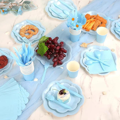 192 Pcs Light Blue Paper Plates And Napkins Set Party Supplies - For 24 Guests Paper Plates And Napkins Knives Spoons Forks Cups - For Baby Shower Bridal Shower Wedding