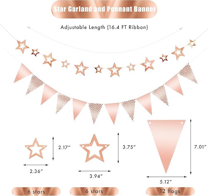 CANREVEL 3 PCS Rose Gold Happy Birthday Banners, Hanging Stars Garland and Pennant Banner Flags, Rose Gold Party Decorations, Rose Gold Party Supplies for Women Men Girls Boys Adult