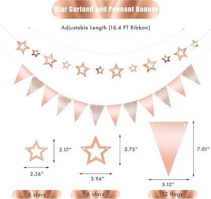 CANREVEL 3 PCS Rose Gold Happy Birthday Banners, Hanging Stars Garland and Pennant Banner Flags, Rose Gold Party Decorations, Rose Gold Party Supplies for Women Men Girls Boys Adult