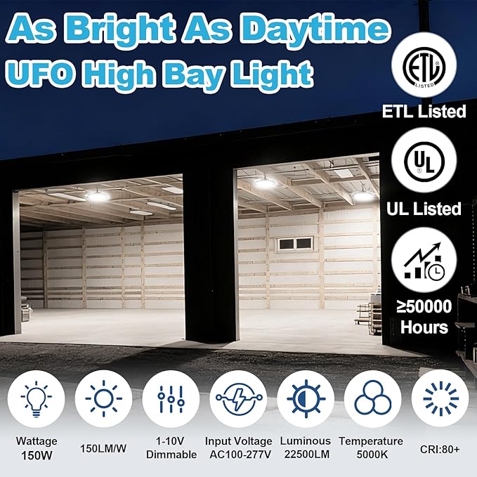 UFO Led High Bay Light 150W 120W 100W Adjustable 5000K 22500LM 1-10V Dimmable High Bay Led Lights ETL Listed US Hook 5' Cable Led High Bay Lighting for Factory Warehouse