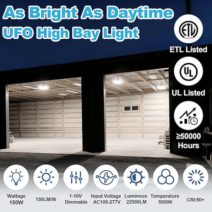 UFO Led High Bay Light 150W 120W 100W Adjustable 5000K 22500LM 1-10V Dimmable High Bay Led Lights ETL Listed US Hook 5' Cable Led High Bay Lighting for Factory Warehouse