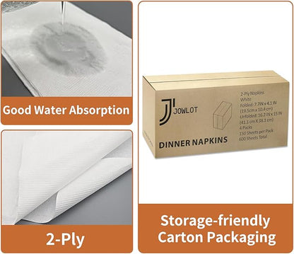 Disposable Napkins, 2-Ply 600 Count Paper Dinner Napkins, White Napkins Bulk for Wedding Party Bathroom and Everyday Use (16.2" X 15")