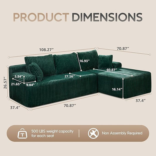 Hobestluk Modular Sectional Sofa Couches L-Shape Couch 3 Seat Modular Sofa Memory Foam Sectional Couches for Living Room, Cloud Couch with Oversized Chaise (108" Right Facing Chaise)