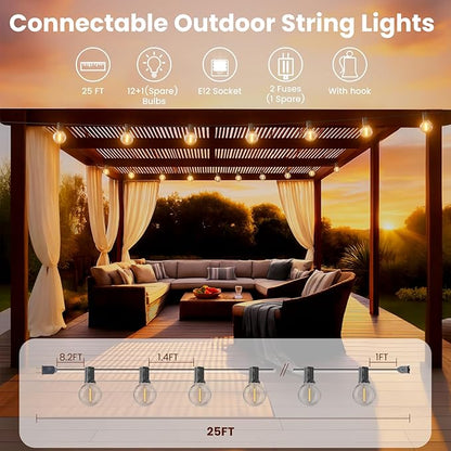 RTTY Outdoor String Lights 25ft, G40 Led Patio Lights with 13pcs Bulbs,Waterproof Shatterproof Dimmable Connectable Hanging Globe Outdoor Lights for Cafe Bistro Backyard Gazebo Balcony Party, Black