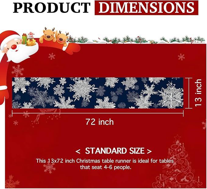 Blue Snowflake Table Runner 13x72 Inch Winter Table Runner Burlap Winter Holiday Dining Tables Decoration with White Snow Patterns Christmas Tablecloth for Kitchen Dining Home Party Decor