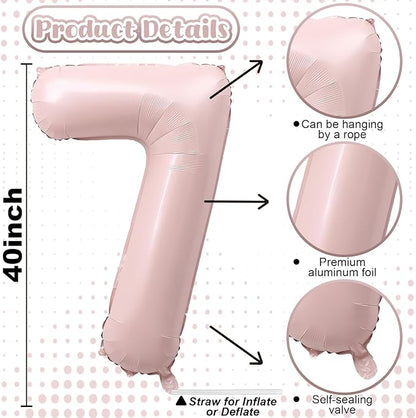 Light Pink Number Balloon 7, 40 Inch Large Self Inflating 7 Foil Number Balloons 0-9, Blush Pastel Pink Digital 7 Helium Balloon for Girls Women 7th Birthday Party Graduation Anniversary Decorations