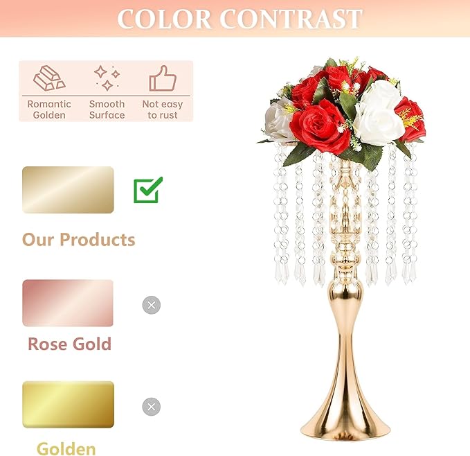 LANLONG Set of 2 Crystal Wedding Table Centerpieces Gold Flower Stand Vases Centerpiece Decorations for Reception Party Home Decor