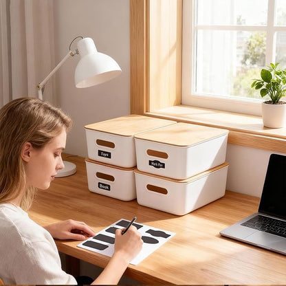 Citylife Storage Bins with Bamboo Lids 13QT Plastic Storage Containers Stackable Organizer Boxes with Handle for Desk Snacks, Toys, 4 PCS, 14" L x 10.6" W x 6.18" H