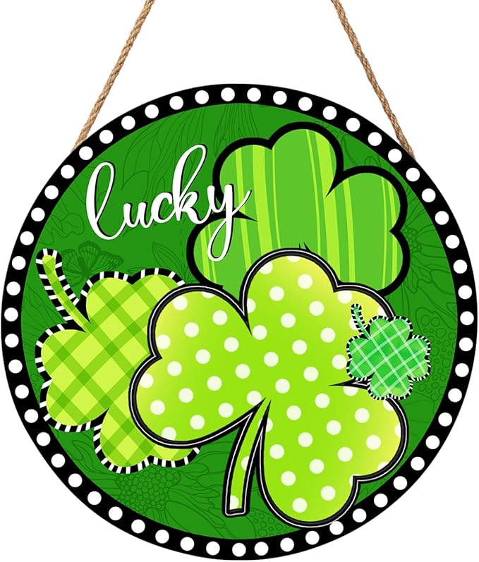 Happy St Patricks Day Sign Front Door Decor Green Shamrock Lucky Clover Farmhouse Wood Door Hanger Rustic St Patricks Day Wreath Pediment Plaque Outdoor Indoor Wall Hanging Decorations 12x12in